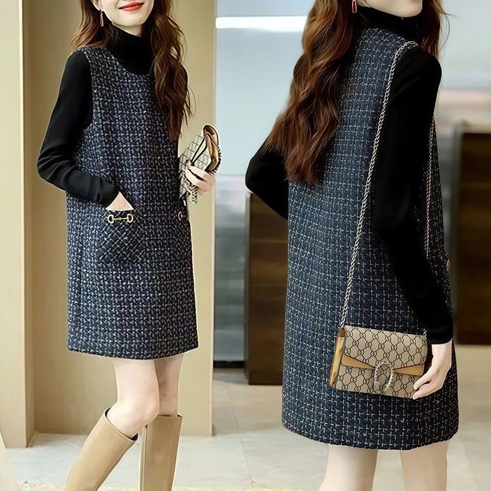 WANGBAIWAN 슬림 라운드 트위드 나시 스커트 춘추 나시 원피스 여 L092412