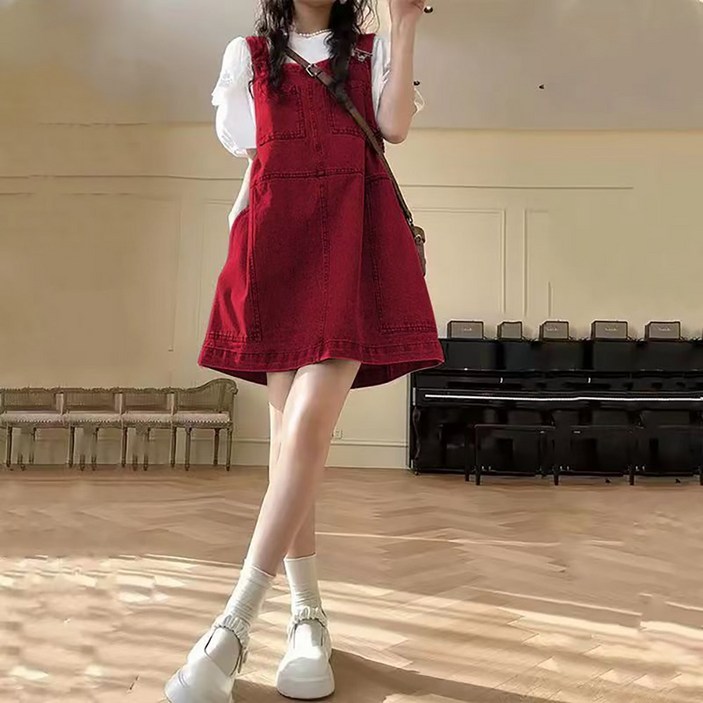 ROYALBELLE 여성 데님 멜빵 원피스 미니 A라인 심플 귀여운 캐주얼 데일리룩 원피스 I071402