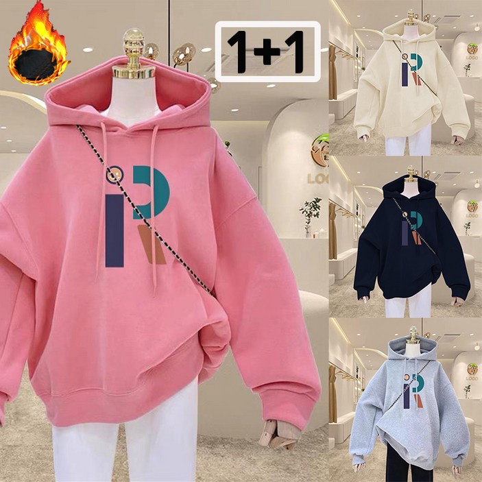 JUSTFEELING 2장세트 11 후드 기모 맨투맨 데일리룩 패션 여성 오버핏 프린팅 박시티 두꺼운 가을겨울 따뜻한 후드맨투맨