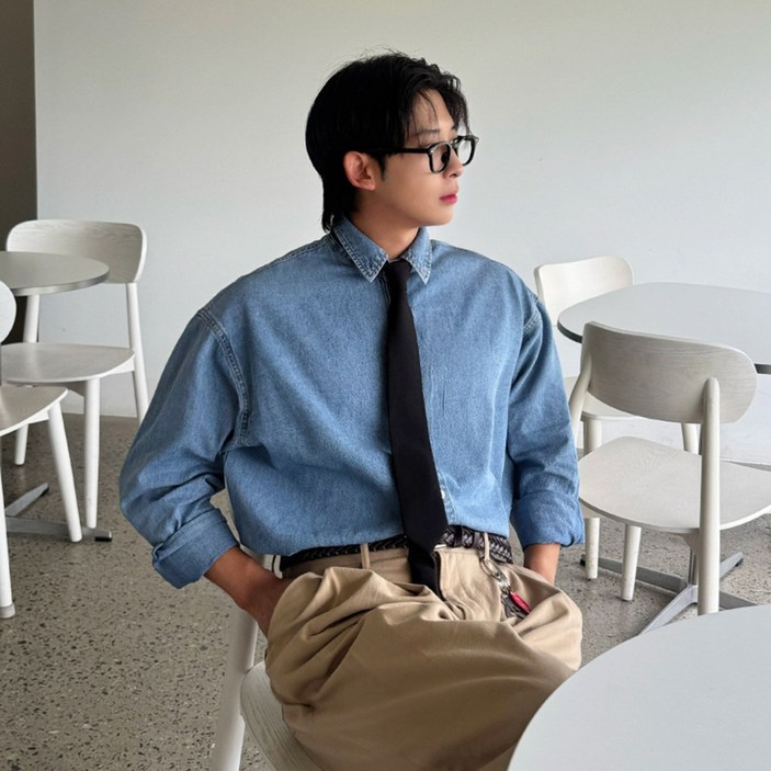 뎀피 남자 남성 릴렉스 루즈 오버핏 데님 청 긴팔 셔츠 남방