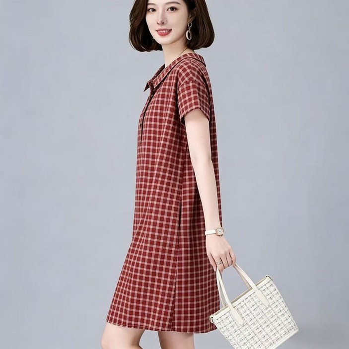 IWMAFT 여성 여름 체크 미니 원피스 카라넥 버튼 반팔 루즈핏 체형커버 데일리 캐주얼 플레어 원피스 HY972