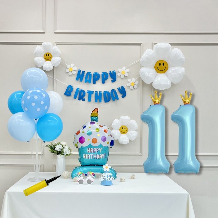 연지마켓 생일 파티 케이크 데이지 왕관 숫자 풍선 가랜드 세트, 1세트, 케이크 블루A 11