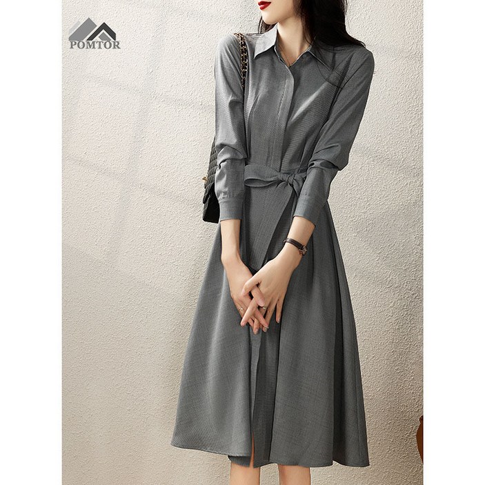 POMTOR 여성 긴팔 원피스 고품질 오피스룩 미디원피스  정장 하객 셔츠원피스