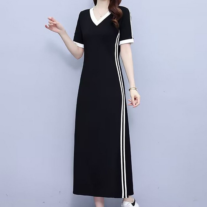 ROYALBELLE 여성 배색 롱 원피스 브이넥 반팔 빅사이즈 통 원피스 U0031927
