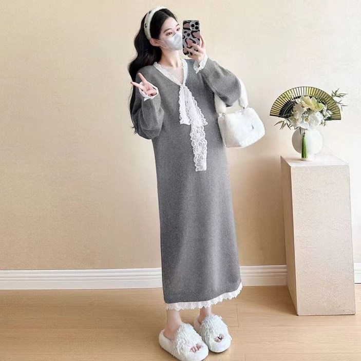 임부복 원피스 봄가을 패션 임산부 레이스 패치 원피스 겨울 여자 빈티지 니트 리본 원피스 SJS