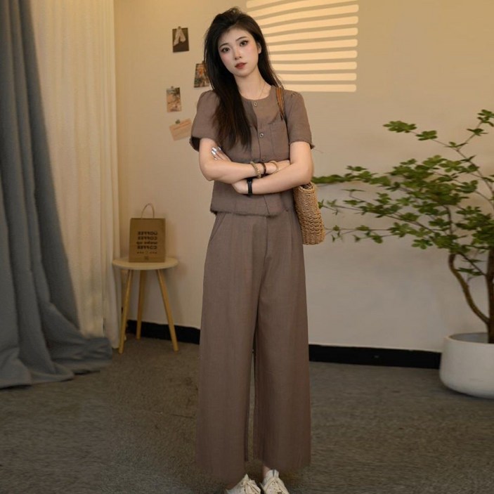 여성 여름 린넨 세트 캐주얼 면 마 상의 하이웨이스트 밴딩 와이드 팬츠 상하의 투피스 기질 빈티지 세트 CY