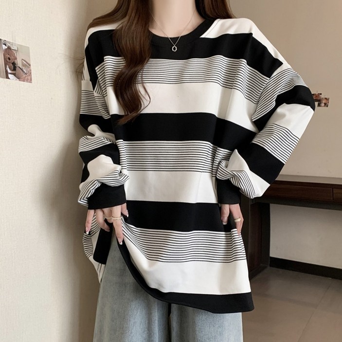 르보에 여성 오버핏 스트라이프 루즈핏 긴팔 티셔츠