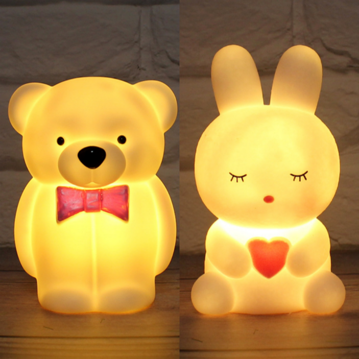 바이해랑 미니 LED 수면등 아이방 소품, 잠자는토끼+리본곰돌이