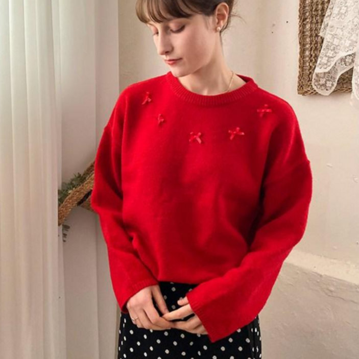 [메리브] 리본장식니트 여성니트 여성티셔츠 니트 2color