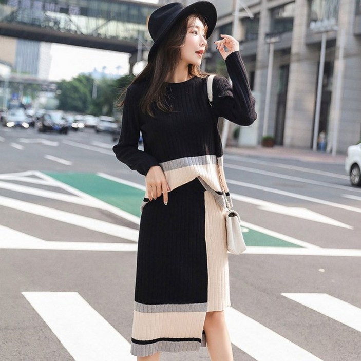니트 간절기 원피스 세련된 디자인 체크 라운드 투피스 플리츠 여성 니트 초겨울블라우스 티셔츠 체크스커트 aud+02236im