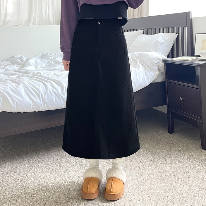 잘빠진 여성용 네아 코듀로이 융털기모 언발절개 A라인 밴딩 롱 스커트