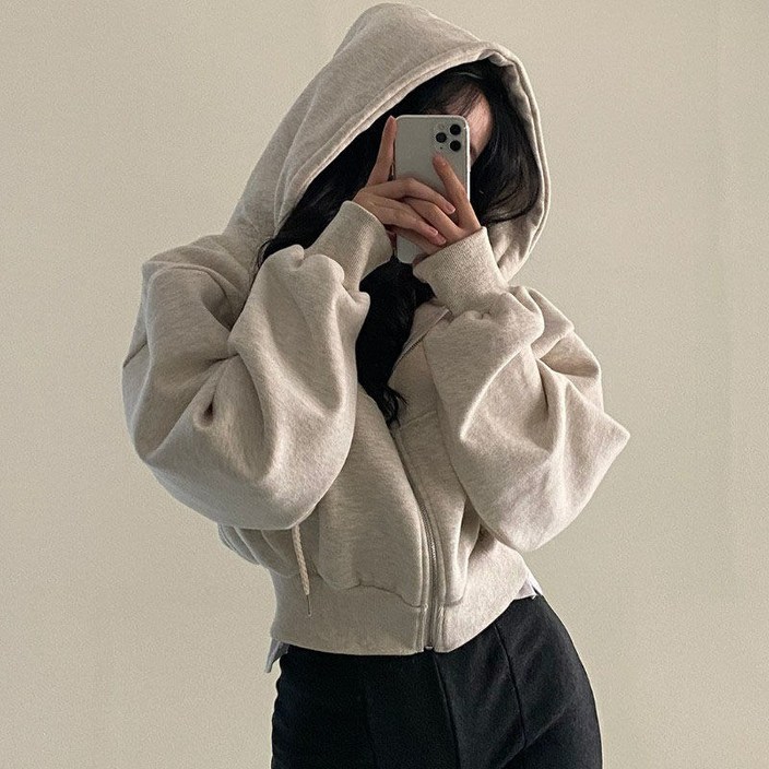 아이엠몽 여성용 우라메 무지 슬림핏 크롭 후드 집업