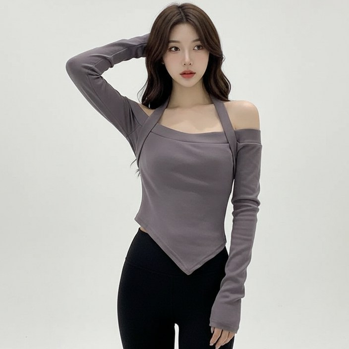 마켓피아 여성용 홀터넥 탑 롱슬리브 오프숄더 티셔츠