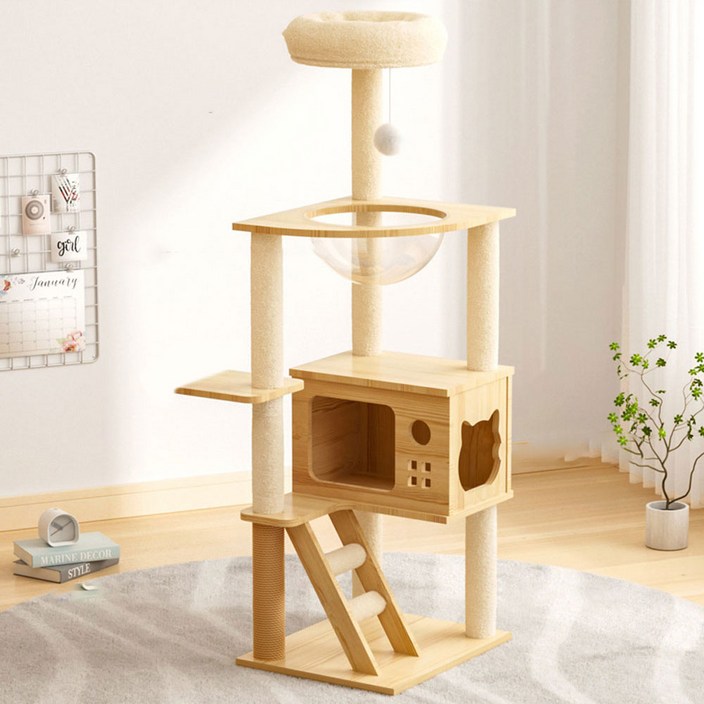 철딱서니 캣타워 고양이 하우스 놀이터 등반 투명 아크릴 우주선 장난감 조립형 타워, 1개, 원목