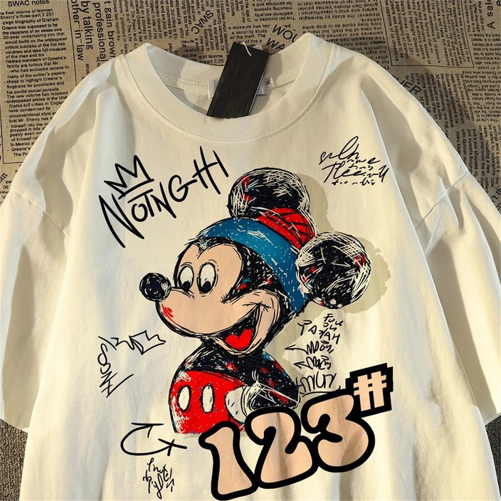 Raele 여름 미키 프린트 순면 반팔 티 남녀 공용 캐주얼 오버사이즈 데일리룩