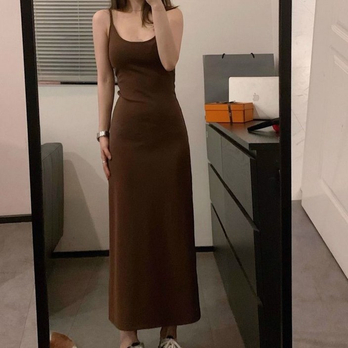 Seofst 여성 브라운 니트 뷔스티에 원피스 슬림핏 롱드레스