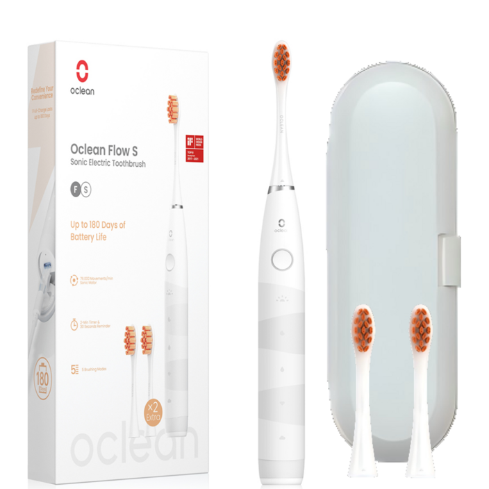 오클린 Oclean Flow 음파전동칫솔본체+칫솔모 3개 1년 2번만 충전 분당 76000회 IPX7방수, 화이트, 1세트, 화이트(여행 케이스 포함)