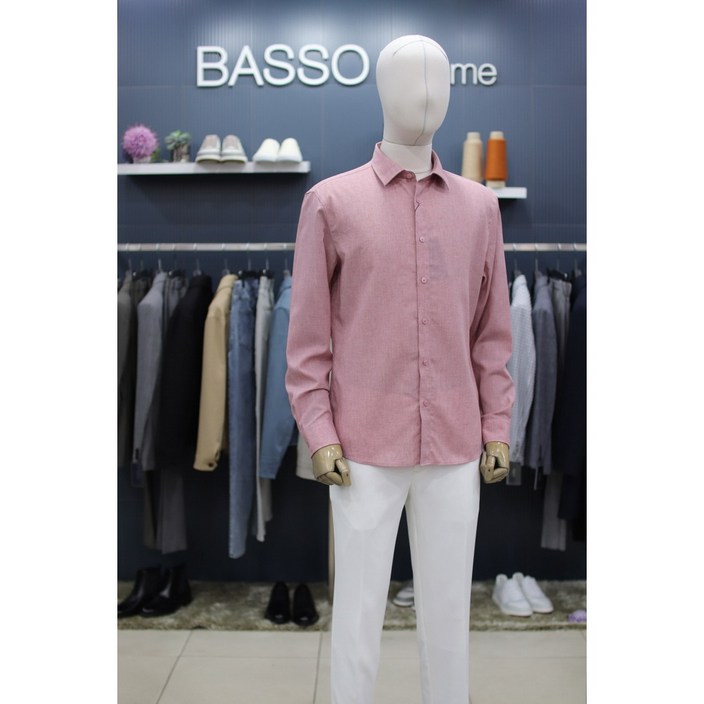 바쏘옴므 셔츠 WZ2TT66APK 파스텔 핑크 폴리 린넨 캐주얼 긴팔 남방