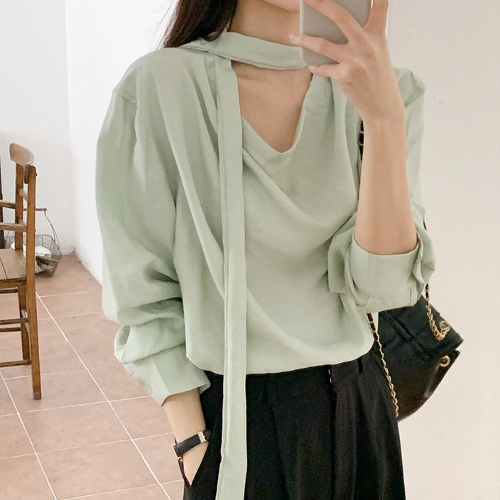 SML사이즈여성 클래식 스카프 타이 블라우스 셔링블라우스 출근룩 데이트룩 오피스룩 쉬폰 빅사이즈