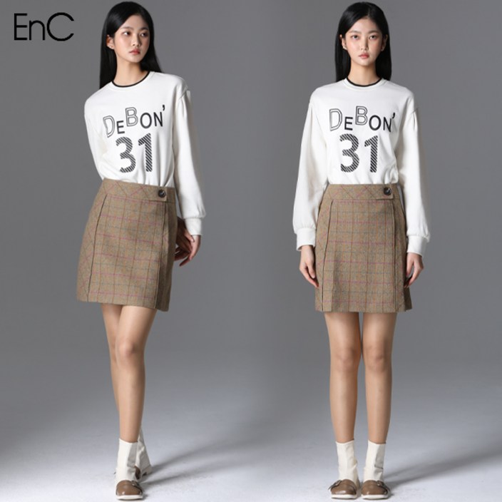 이엔씨 EnC  헤링본 체크 울스커트