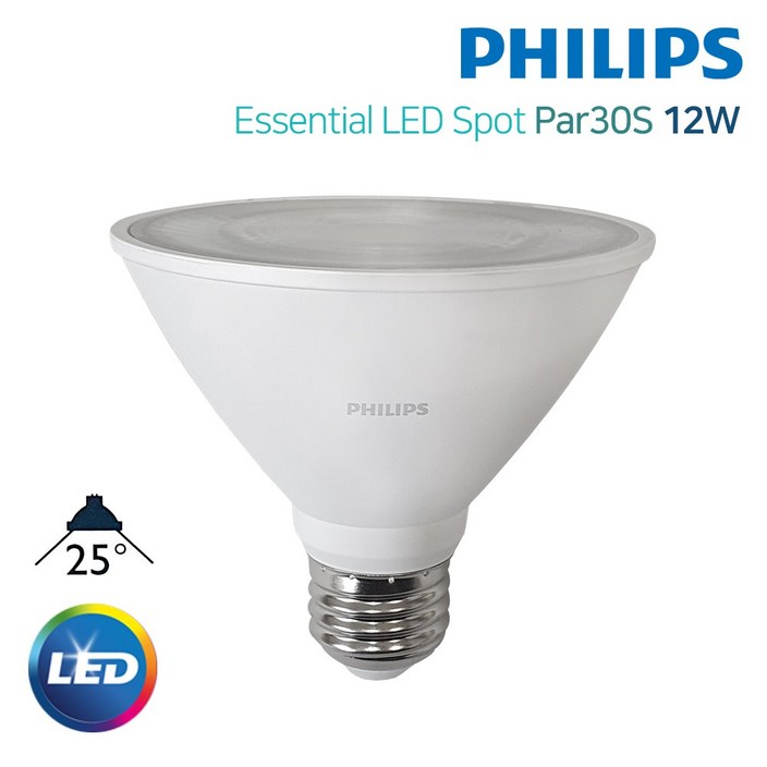 필립스 Essential 에센셜 LED 스팟25도 PAR30s 12W E26 E27주광색주백색전구색