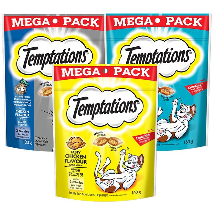 템테이션 메가팩 고양이 간식 3종 세트, 맛있는 닭고기맛,&고소한 참치맛&헤어볼 컨트롤, 450g, 1세트