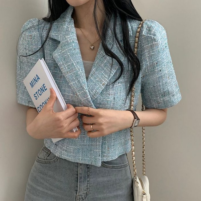 춘게엘 트위드 테일러카라 크롭 반팔자켓 r112