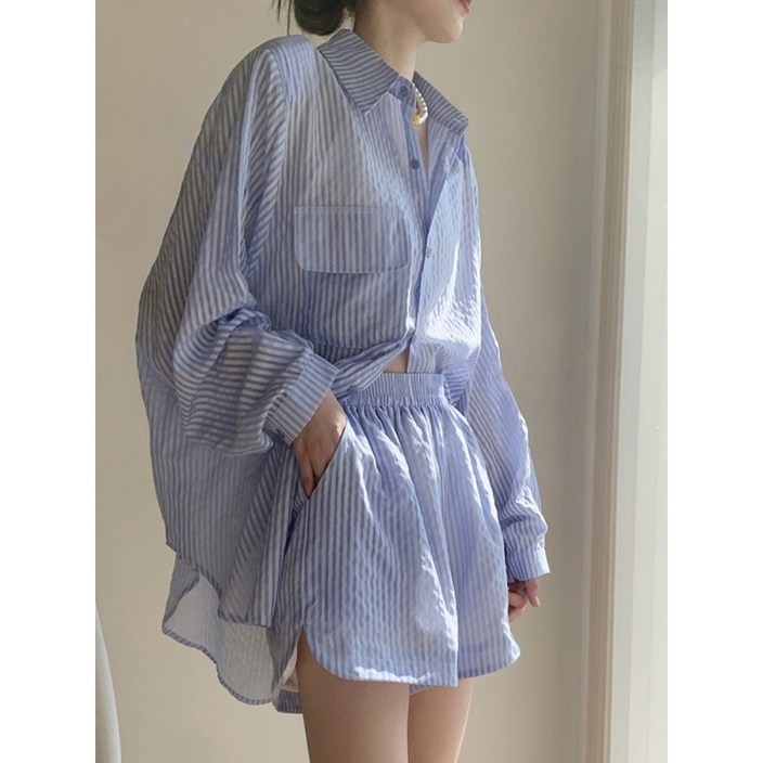 PKTOYS 여름 여성 스트라이프 셔츠 긴팔 반바지 자외선 차단 세트