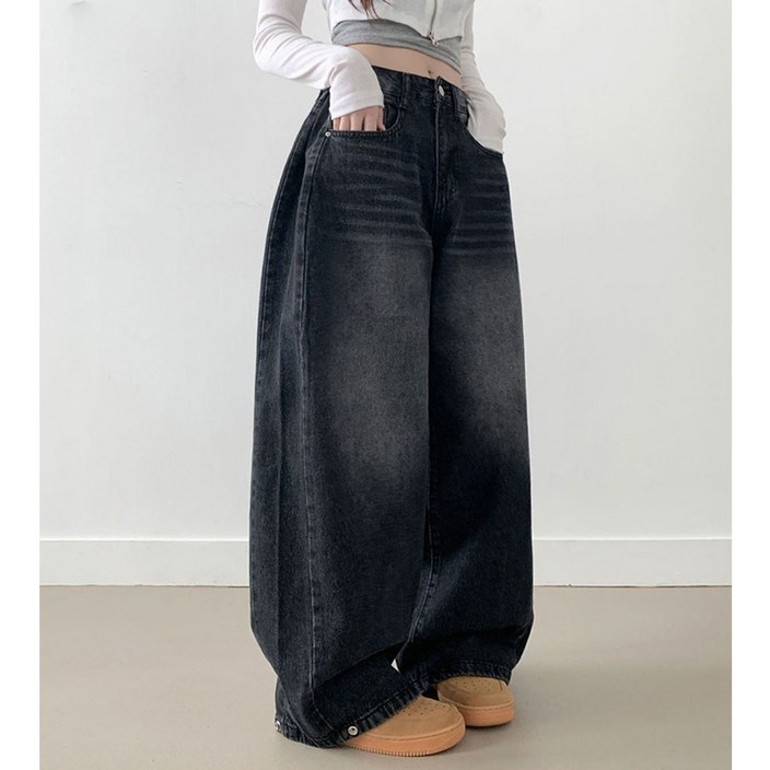 부기샵 벌룬 와이드 데님팬츠 라뚜 사이드핀턱 캣브러쉬 워싱 스냅버튼 조거 와이드 벌룬핏 군살커버 데님팬츠