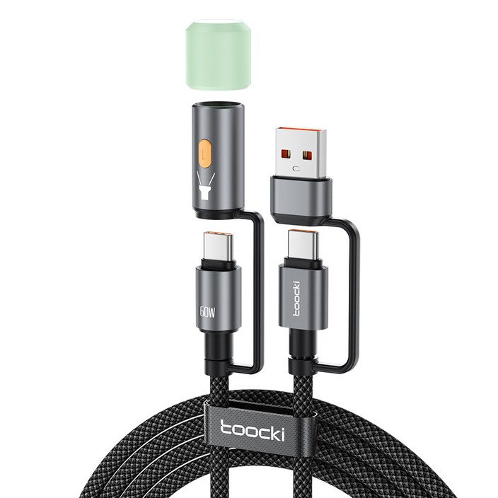 Toocki 60W 2in1 A to C타입 고속충전 케이블 다기능 조명등 고속충전 케이블, 1개, 회색, 1.2m