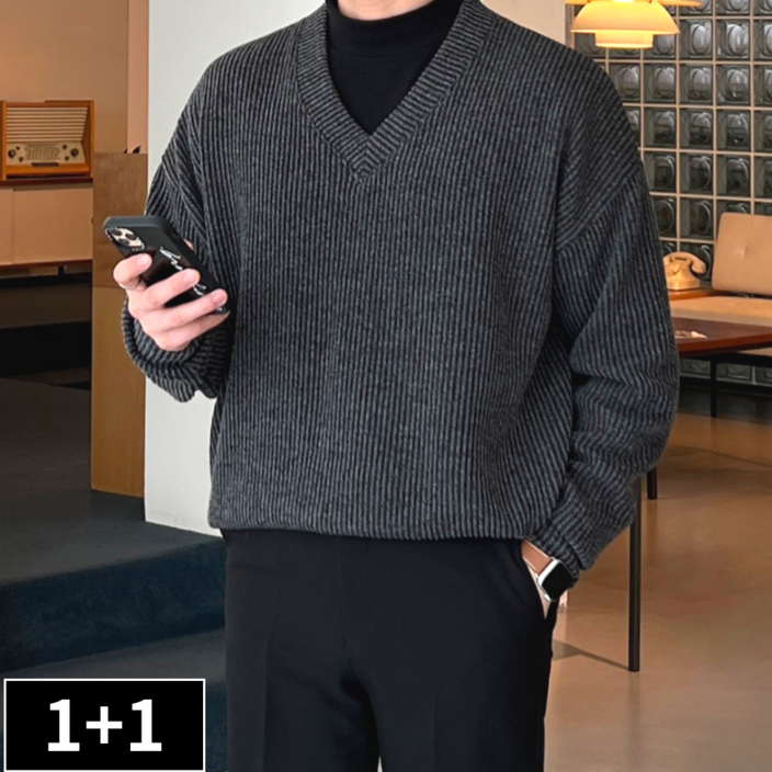 11 이브 남성용 봄 가을 오버핏 긴팔 브이넥 니트 30882
