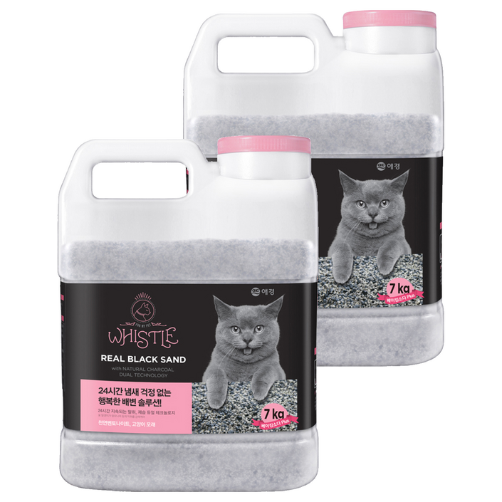 휘슬 리얼 블랙 샌드 응고형 고양이 모래 용기형, 7kg, 2개, 무향