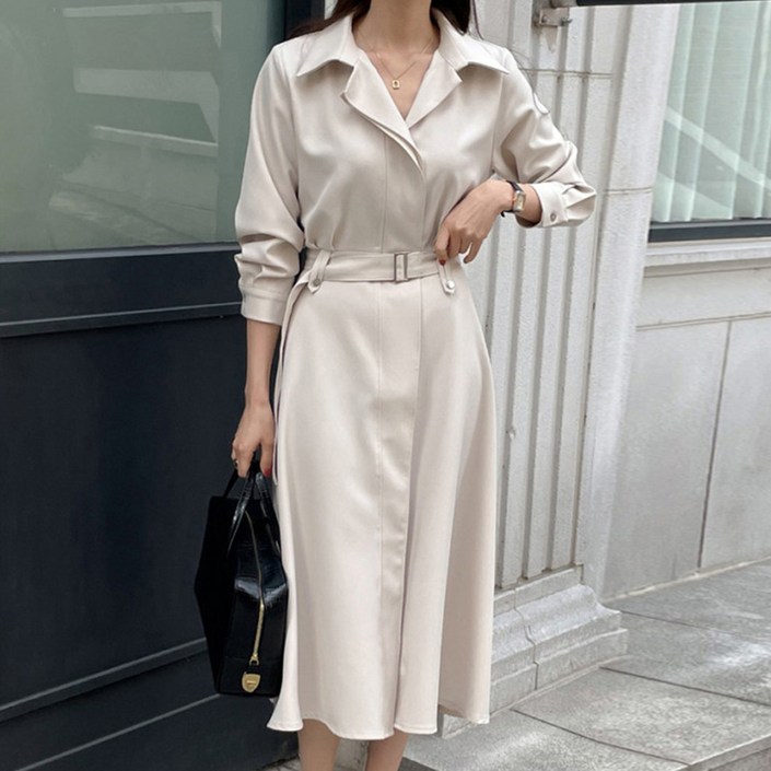 페이퍼먼츠 카라넥 스트랩 긴팔 플레어 원피스 23176