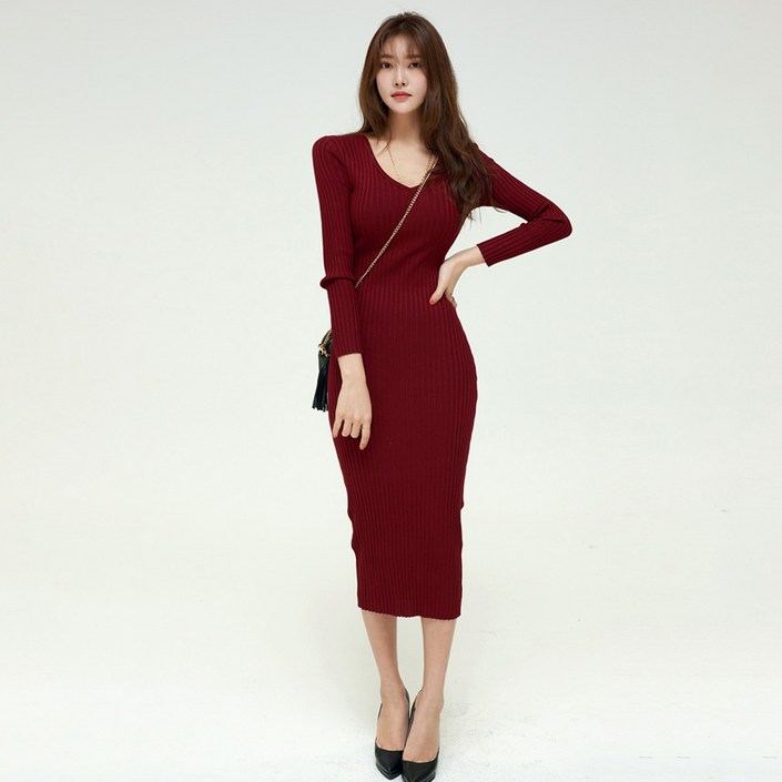 타니즈 브이넥 슬림 골지 니트원피스 플립