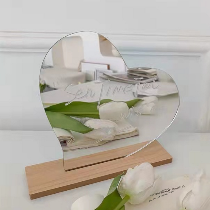 제이릿 DIY 감성 홈데코 하트모양 아크릴 거울  받침대 세트, 투명