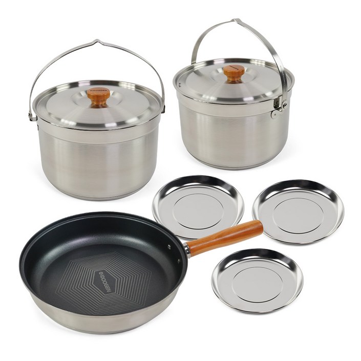 아이두젠 스텐 304 캠핑 코펠 냄비 6P 세트 국산 3중 스테인레스, 실버, 1세트