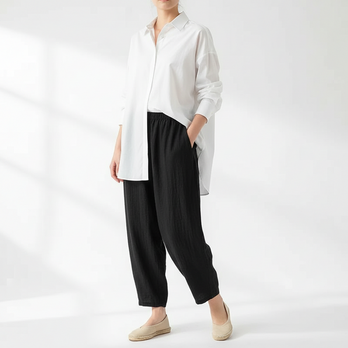 마켓피아 여성용 배기핏 밴딩 린넨 바지