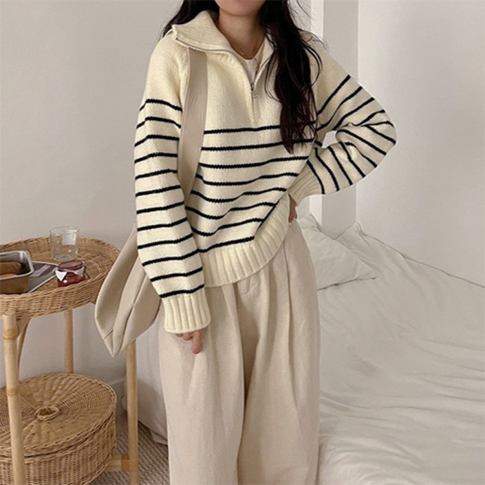 패션플로우 여성용 코지웨이브 스트라이프 반집업 니트