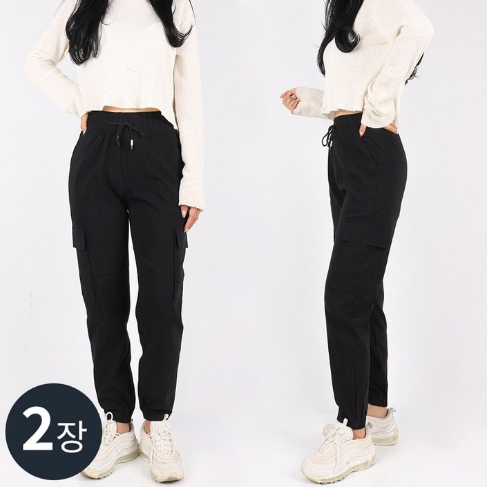 1+1 C여성면스판조거팬츠 여자 여성 카고 조거 밴딩 포켓 스판 코튼 나일론 데일리 팬츠 빅사이즈 단체