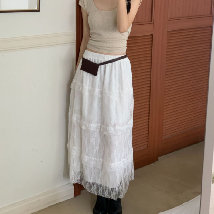 샤콘 리코 여성용 레이스 캉캉 프릴 밴딩 롱 스커트