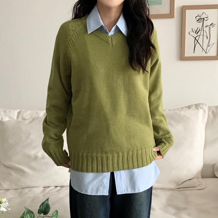 더한땀 여성 루즈핏 나그랑 브이넥 니트