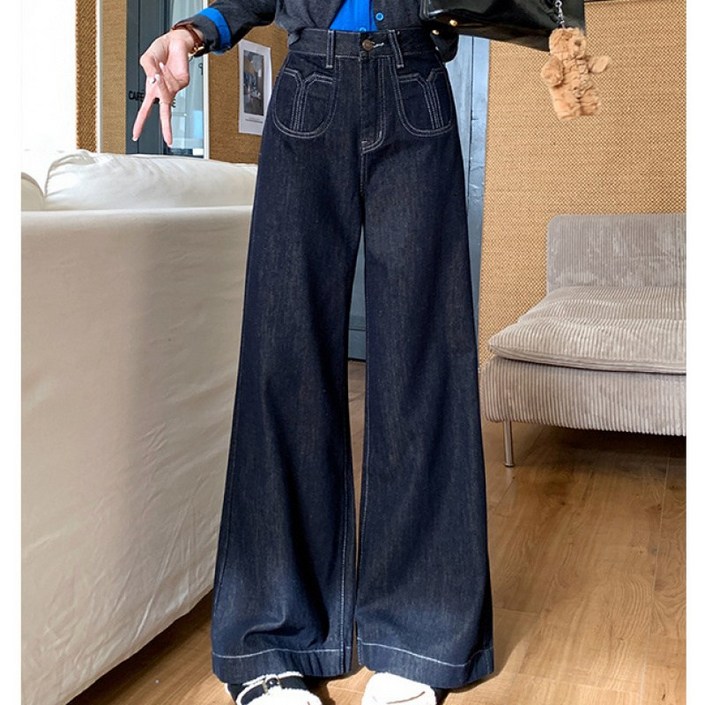 SAHINER 가을 여성 빈티지 하이웨이스트 오버사이즈 와이드 데님팬츠 LWBNZ58
