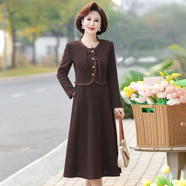 중년 여성 긴팔 원피스 봄 가을 슬림핏 페이크 투피스 원피스 기질 하객룩 라운드 원피스 CY