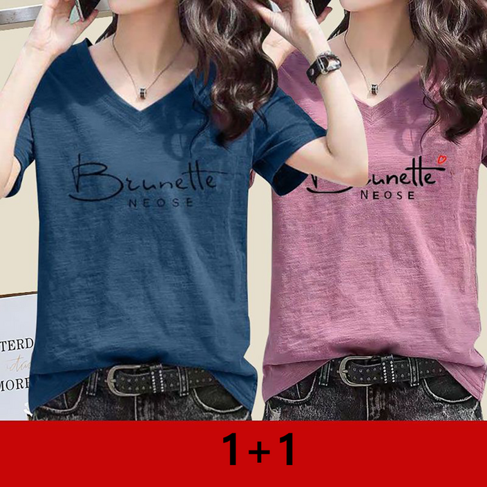 지고다그 11 100 순면 V넥 프린트 반팔 티셔츠 여성 여름 넉넉한 빅사이즈 반소매 상의  SX68185