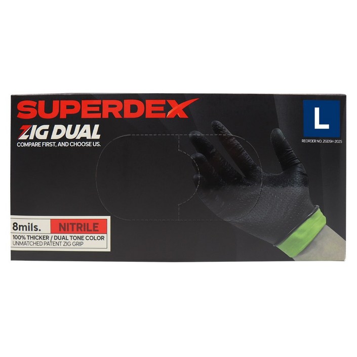 슈퍼덱스 지그듀얼 니트릴장갑 지그패턴 고무 파우더 프리 두꺼운 장갑 100매, 1개, 대L, 블랙