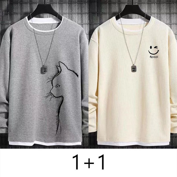 1+1 남성 긴팔 맨투맨 티셔츠 루즈핏 봄 가을 긴팔티 캐주얼 상의 레깅스 풀오버 라운드 맨투맨 티셔츠 빅사이즈 CY