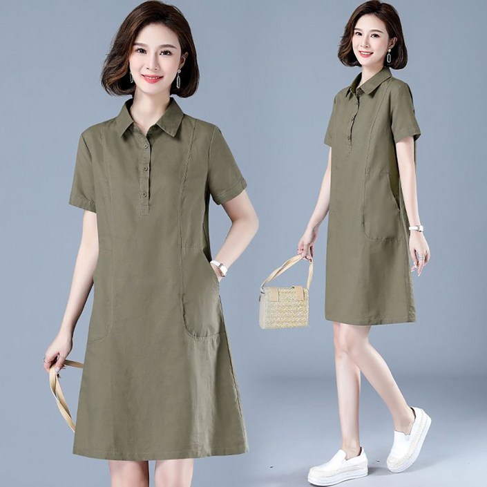 ROYALBELLE 여성 반팔 린넨 셔츠 원피스 패션 캐주얼 단추 포켓 카라넥 미디 반팔원피스 D0041141