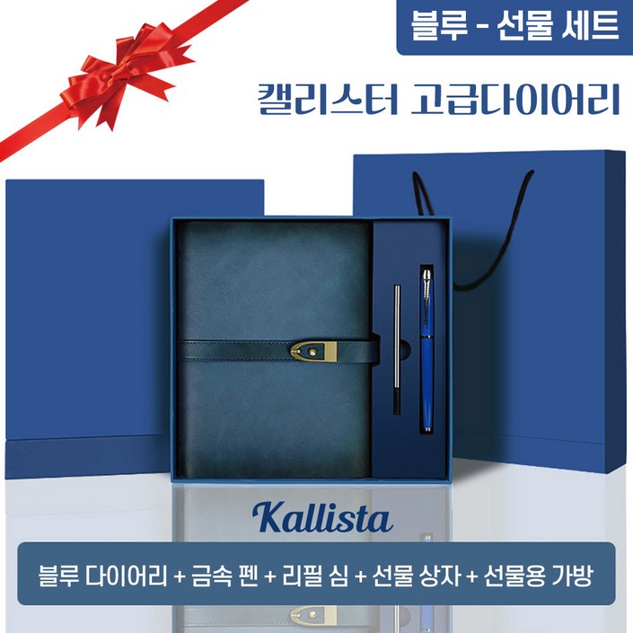 캘리스터 레트로 가죽다이어리 6공 A5 바인더 만년다이어리, 선물세트블루