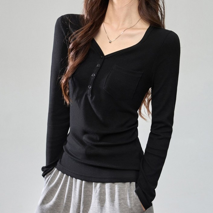 엘에프제트 슬림핏 여성 브이넥 포켓 긴팔티셔츠 골지 면티 25640