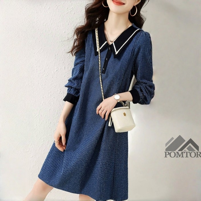 POMTOR 여성 봄가을 캐주얼 빅사이즈 데님 카라넥 원피스